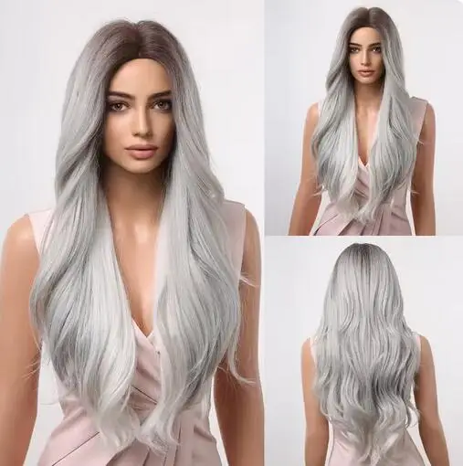 

Long Body Wavy Wigs Grey with White Cosplay Synthetic Hair Wigs for Women Party Lolita Use Fake Hair Heat Resistant Dark Root