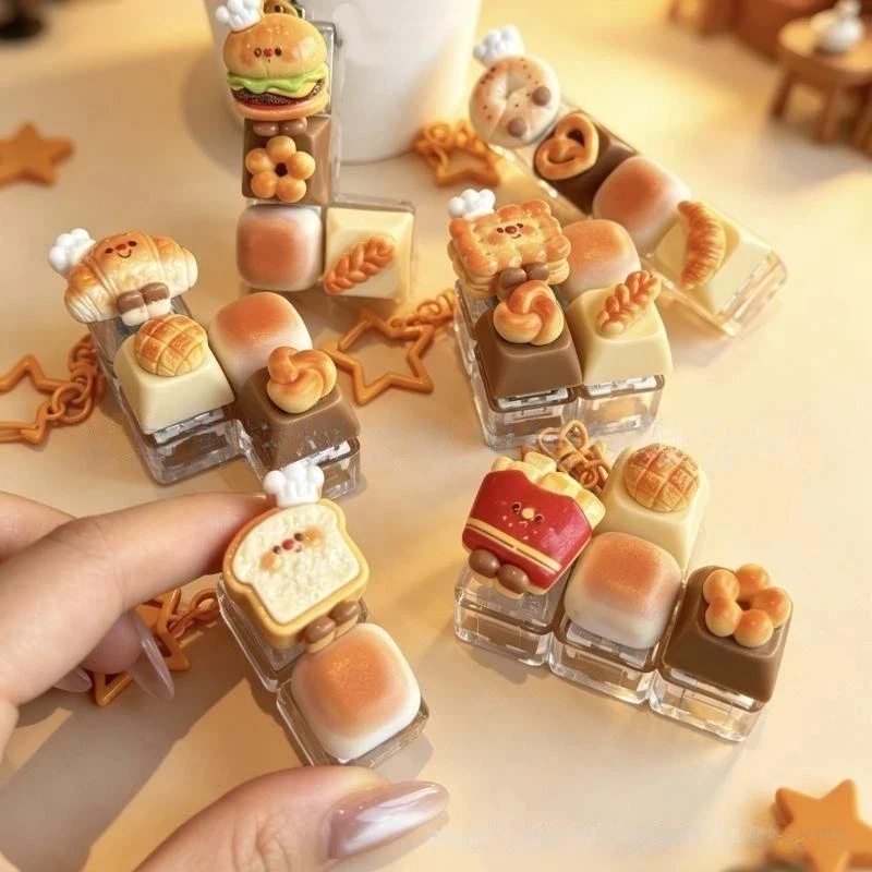 Stress Relief Clicker Keychain Funny Bread Keycap Mini Mechanical Keyboard Button Decompress Fingertip Keyring No Boredom Click