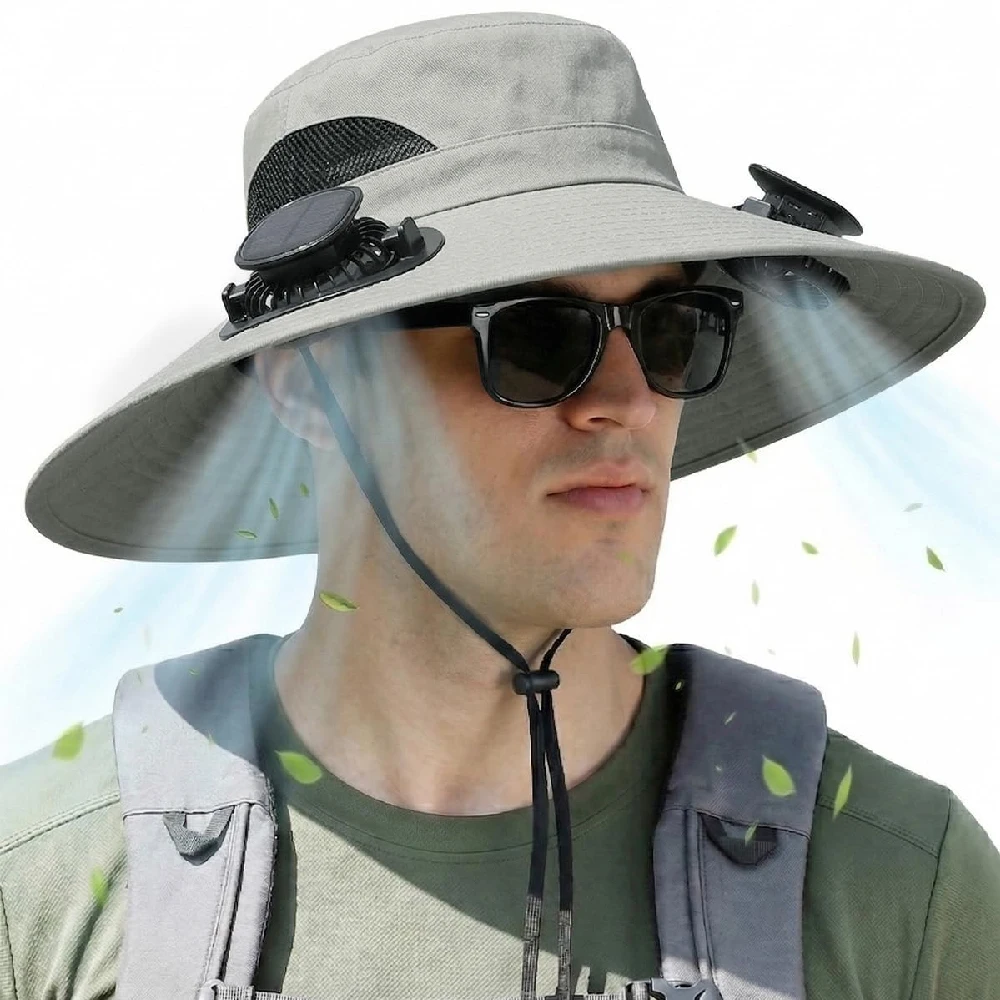 1PCS Solar Fan Hat Breathable Wide Brim Sun Hat for Men Women Sun Bucket Fishing Hats with 2 Solar Fan UPF 50+ Outdoor