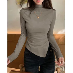 Women's Fashion Elegant Solid Pullover Half High Neck Casual Versatile Long Sleeve Irregular Fit Bottom Tops 2024