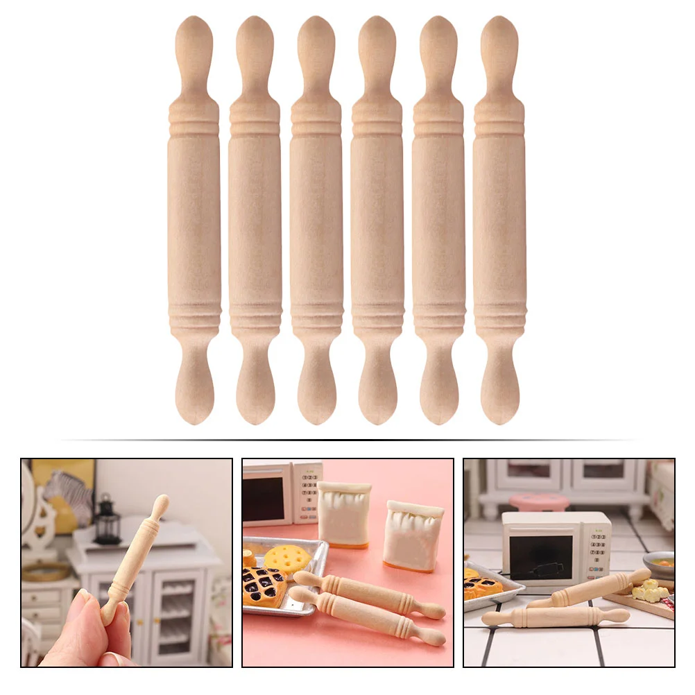 6 Pcs Mini Wood Rolling Pin Small Kids Pretend Play Toy Decorative Kitchen Toys Simulation Sticks Craft Child