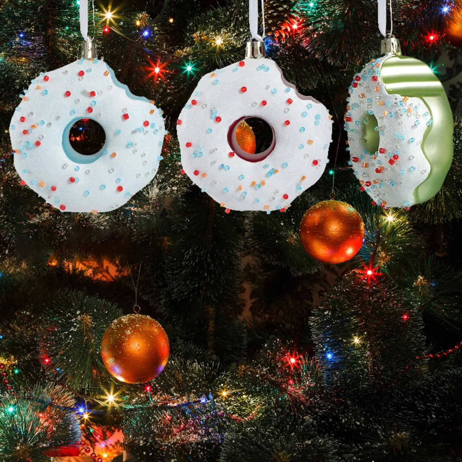 3x Donut Christmas Ornaments for Christmas Tree for Indoor Outdoor Home Cafe