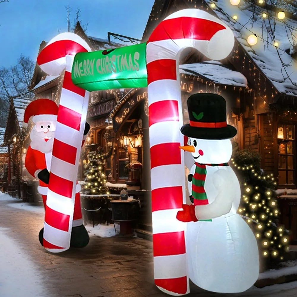 

9 FT Christmas Inflatable Candy Cane Archway with Santa and Snowman, Blow Up Merry Christmas Decorations Built-in Led Lights Out