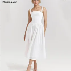 2024 White Embroidery Flower Slash Collar Tank Dress Women Cross Ribbon Eyelet Hole Slim Low Waist Folds Hem A-line Swing Robe