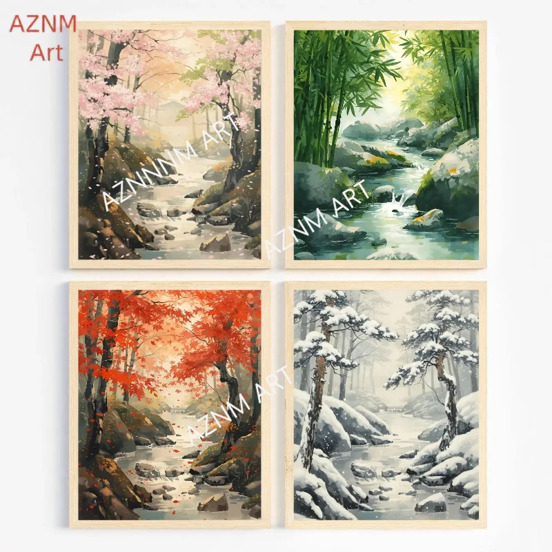 1/4Pcs Four Seasons Stream Art Print Set: Nature Landscape Home Decor
