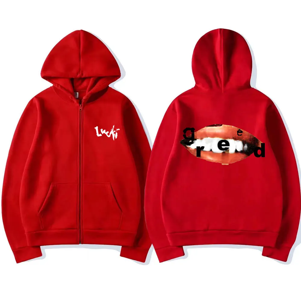 Rapper Lucki Greed Inspired Lip Print Zipper Hoodie Men Women Vintage Oversized Zip Up Jacket Male Hip Hop Fashion Sweatshirts