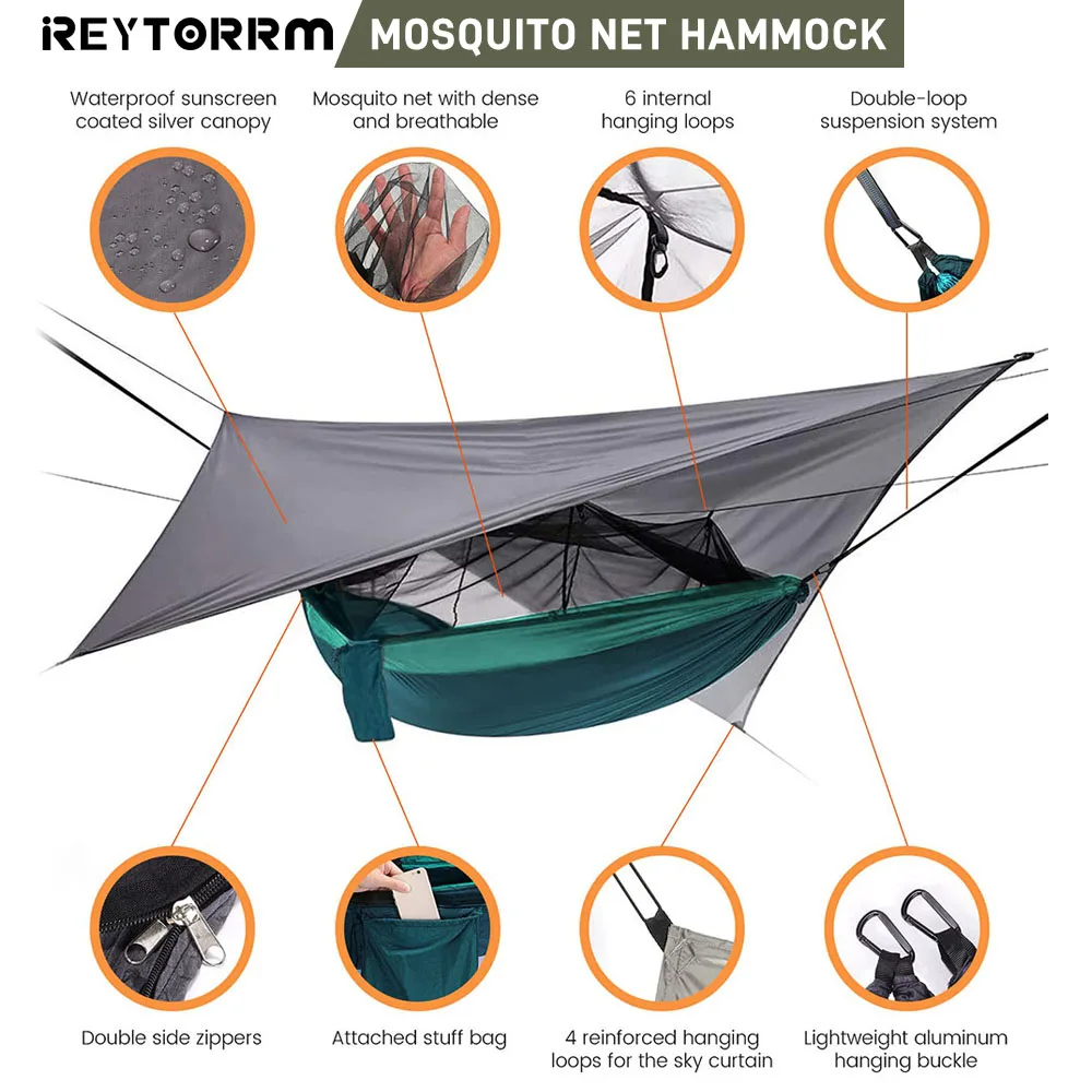 260x140cm Outdoor Double Camping Hammock with Mosquito Net and Rain Fly Tarp Lightweight Parachute Hammocks for Travel Hiking