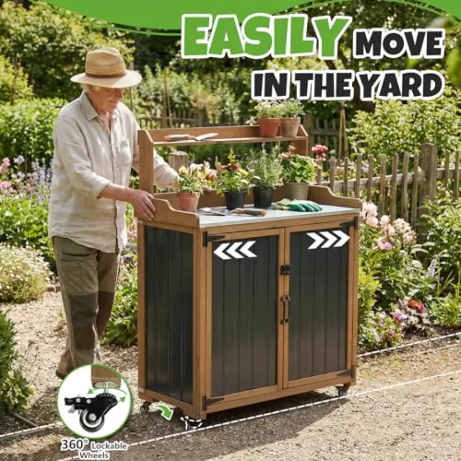 Mobile Garden Potting Bench with Storage Cabinet, Lockable Wheels and Adjustable Shelf, Waterproof Top Outdoor Workstation, Mag