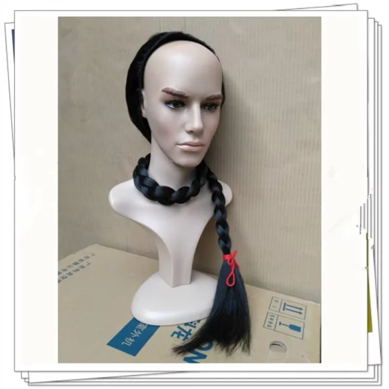 

115cm Half Head Cover Qing Dynasty Long Braid Hair For Men Children Black Halloween Cosplay TV Movie Headwear