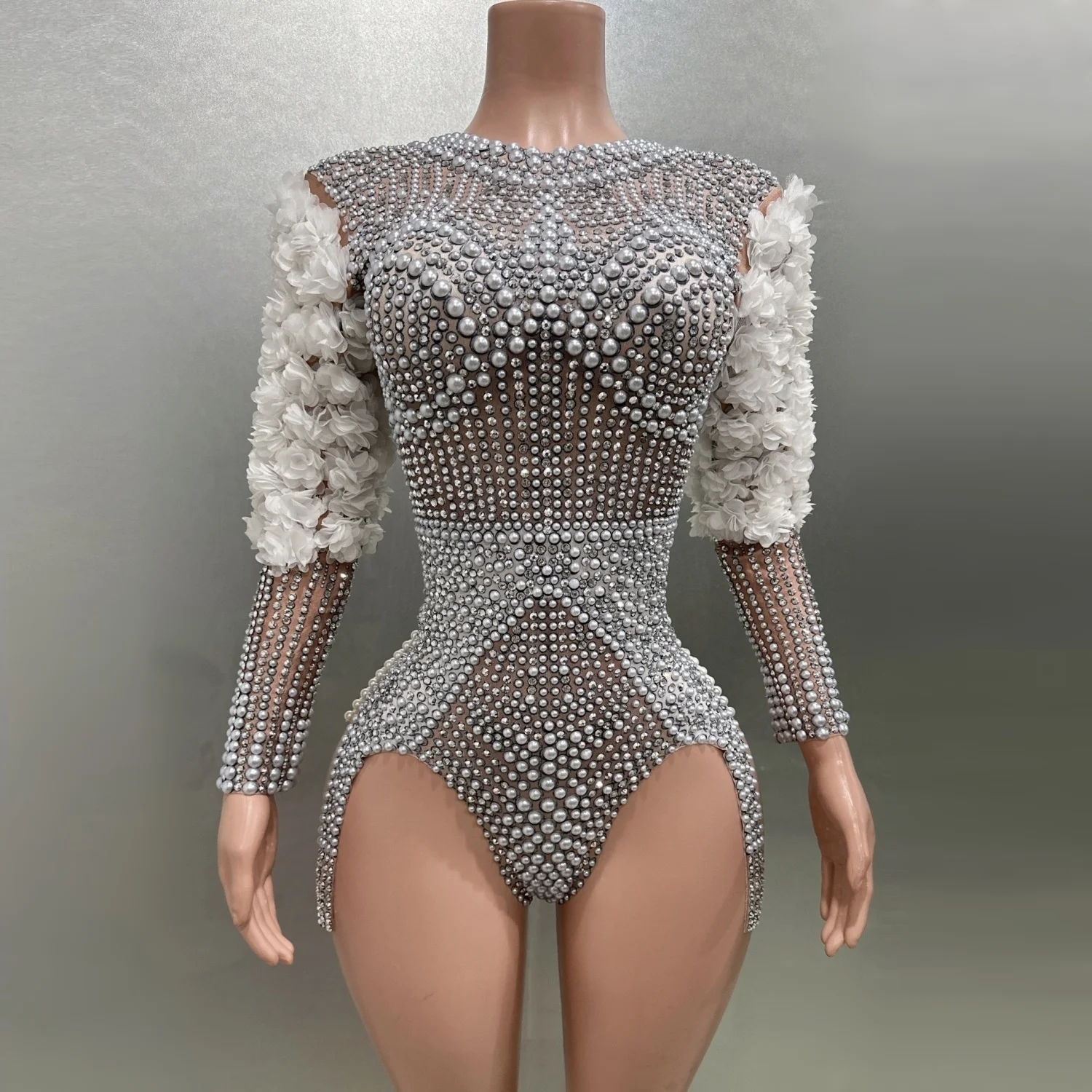 Pearl Rhinestones Diamonds Sexy Bodysuit Evening Party Performance Costume Bar Nightclub Singer Dancer Stage Wear