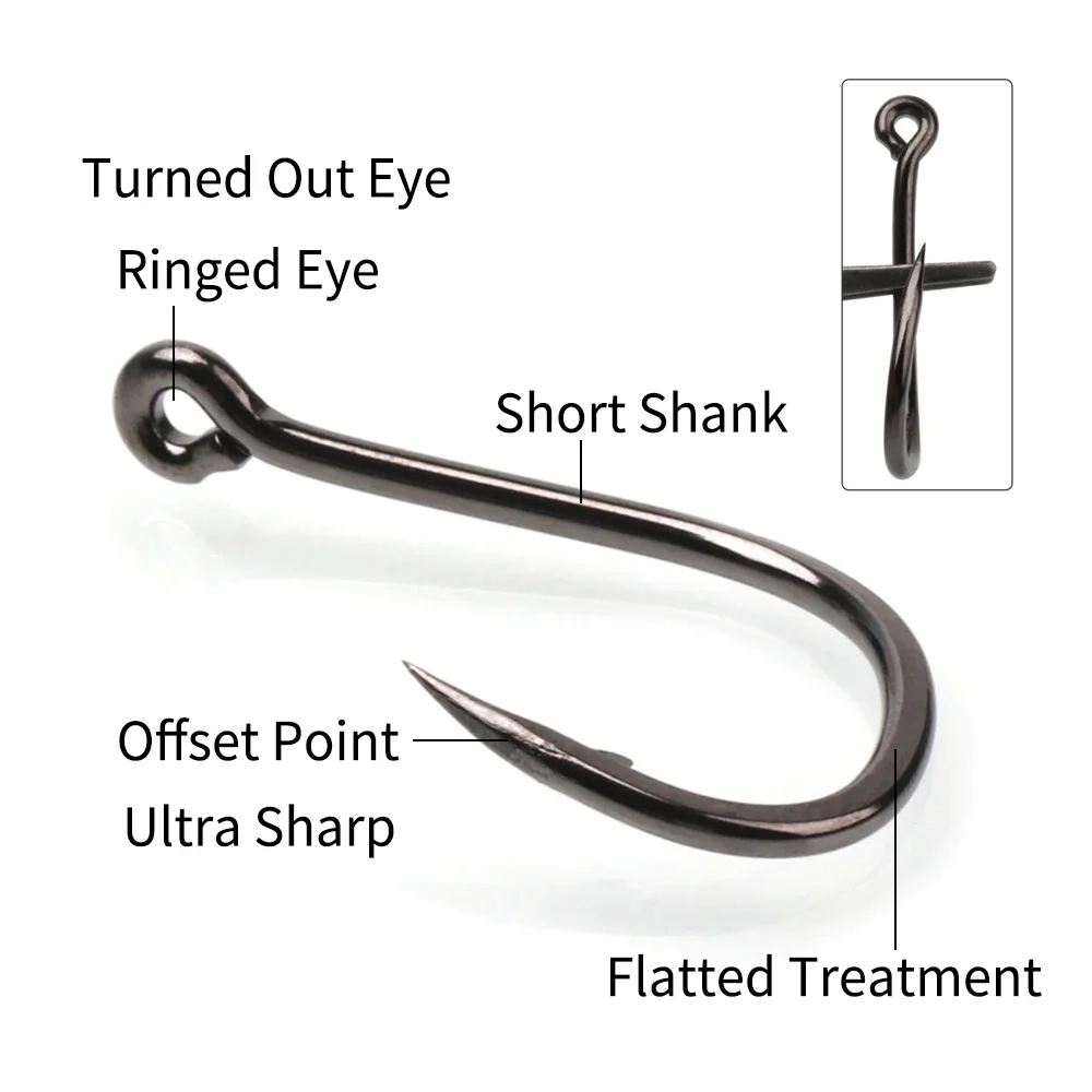 11 # -15 #   Ganchos únicos para pesca marítima, alça de gancho de tubo, haste curta, ponta compensada, aço carbono forjado, níquel preto, farpado, gancho único fac