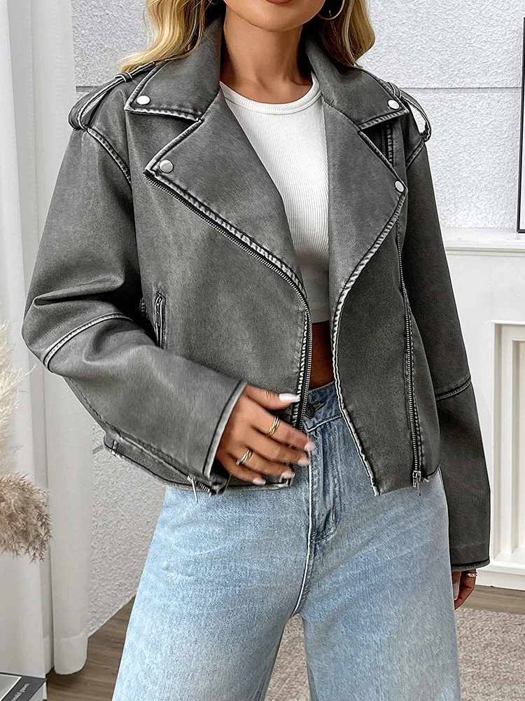 Ailegogo Spring Autumn Women Loose Retro Faux Leather Jacket Streetwear Female Zipper Moto Biker Coat Outwear