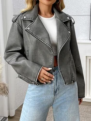Ailegogo Spring Autumn Women Loose Retro Faux Leather Jacket Streetwear Female Zipper Moto Biker Coat Outwear