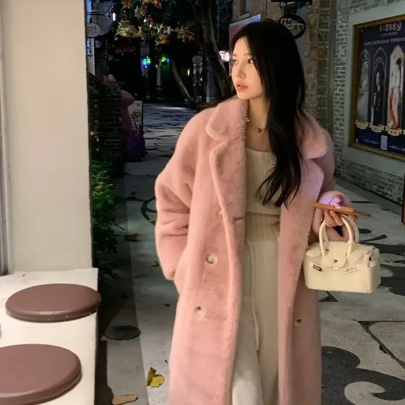 Women's Thicken Faux Fur Coat Autumn Winter New Fashion Temperament Suit collar Long Coats Female Double breasted Wool Overcoat