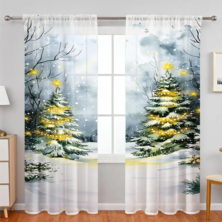 Home Decor Lighting Tree - 2 rideaux transparents à imprimé aquarelle