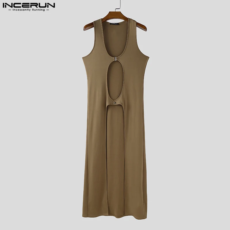 

INCERUN Men Long Style Tank Tops Solid Color Hollow Out Sexy Button Causal Male Vests Streetwear 2025 Fashion Male Long Tops