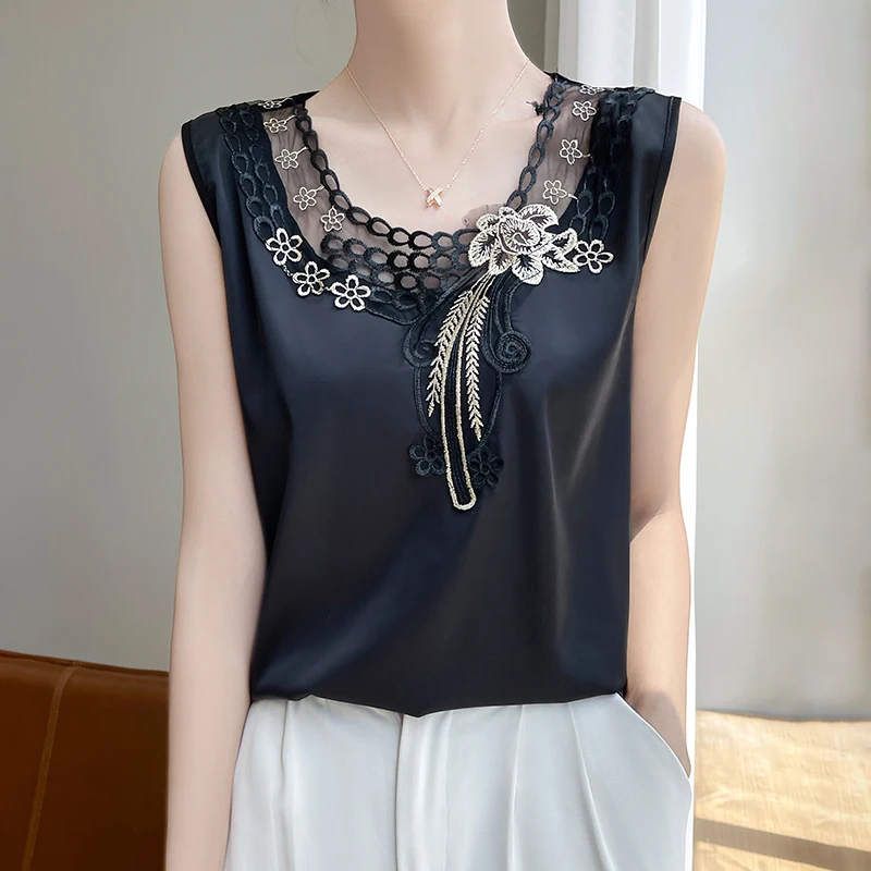 Gilet da donna, fondo con bretelle, top primaverile ed estivo con fondo in seta e girocollo in pizzo, versatile stile ampio in raso di seta senza maniche, fondo alto