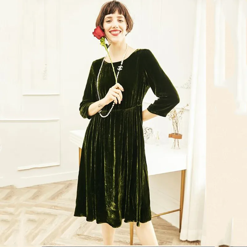 فستان مخملي متوسط الطول للنساء لخريف وشتاء مقاس كبير فستان كاجوال بأكمام ثلاثة أرباع ورقبة مستديرة سادة فساتين عتيقة فيستدوس #1