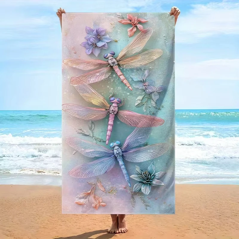 1PC Soft Microfiber Beach Towel Watercolor Dragonfly Floral Pattern for Men Women