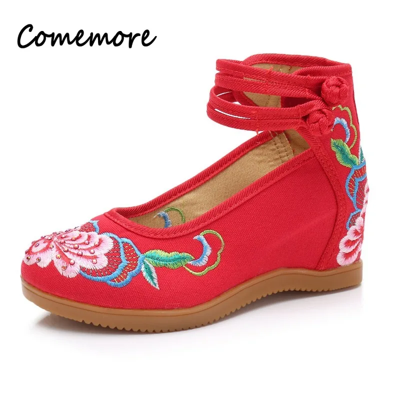 Comemore Flower Embroidered Ankle Strap Ladies Cotton Pumps Women\'s Wedged Canvas Chinese Shoes 7cm Hidden High Heel Platforms