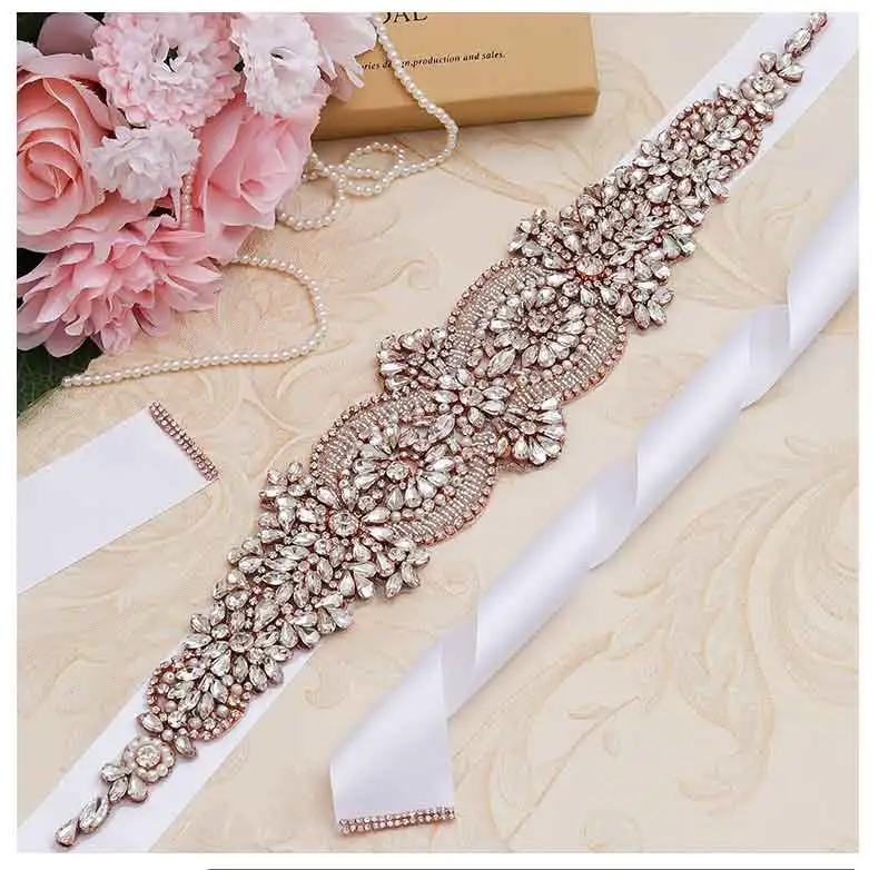 Shine Crystal Bridal Wedding Dress Sash and Belt Rose Gold Color Pearls Accessories Women Waistband