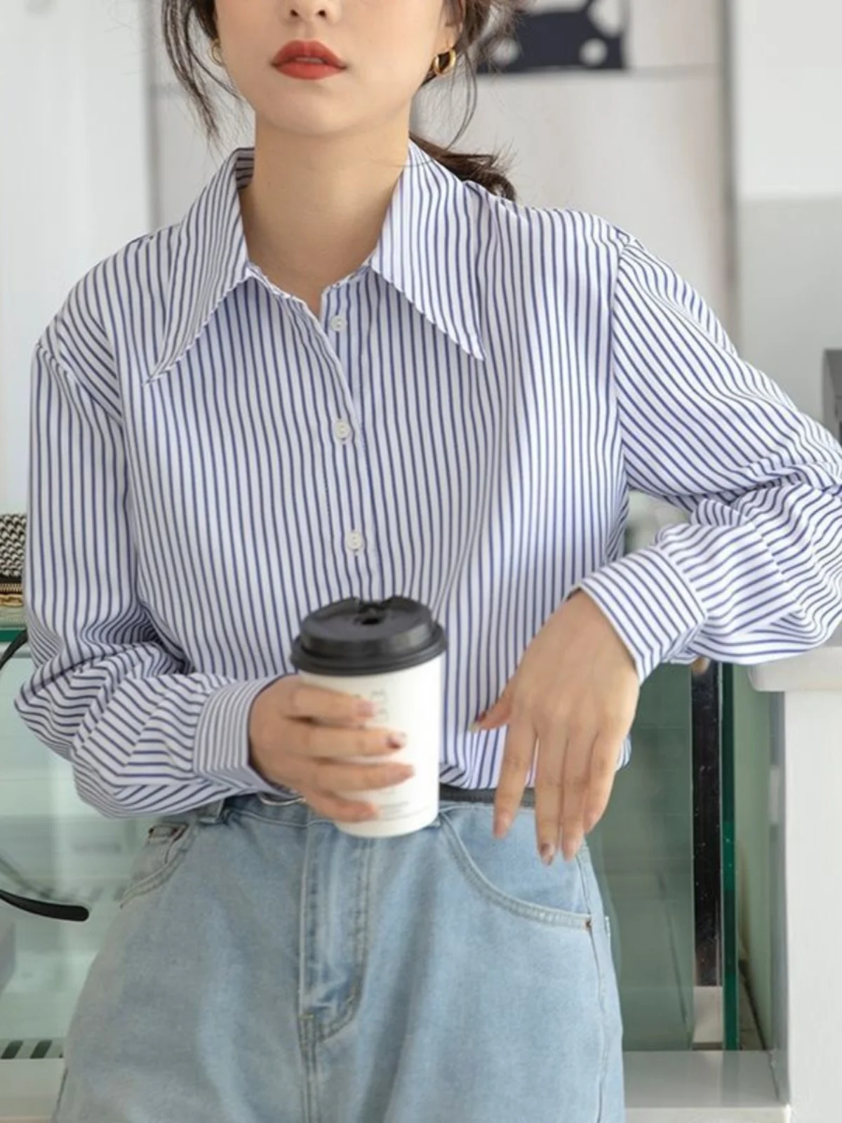 

Elegant Blue White Striped Women's Shirt Long Sleeve Collar Straight Cut Spring Autumn Fashionable Layering Design