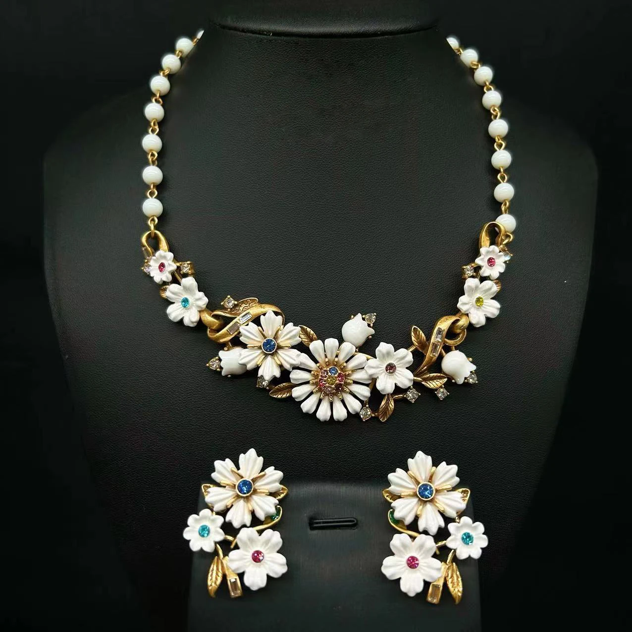 Vintage New Chinese Style Flower White Glass Beads Necklace Earrings Retro Jewelry Set For Women Party Gift