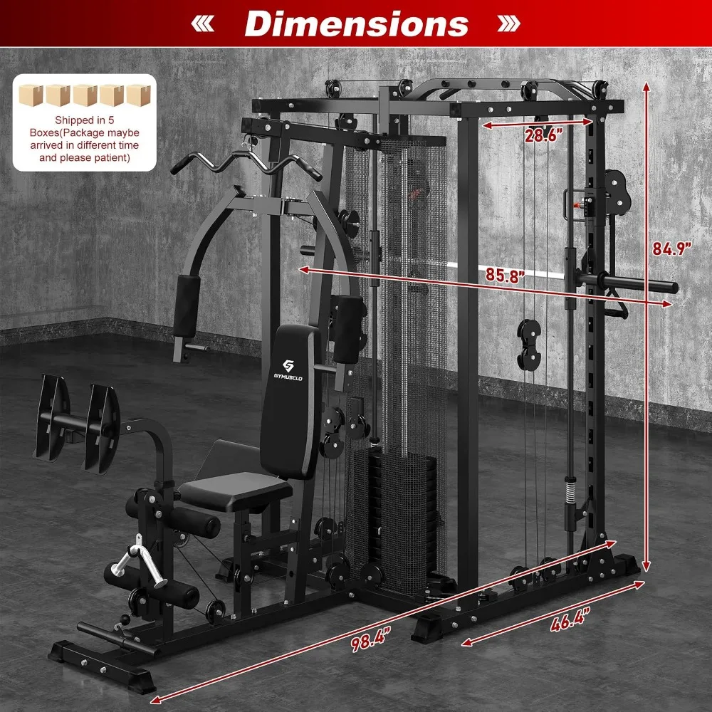 Multi-Functional Home Gym Smith Machine 150lbs Weight Stack & Cable Crossover Leg Press PEC Fly LAT Squat Full Body, Custom
