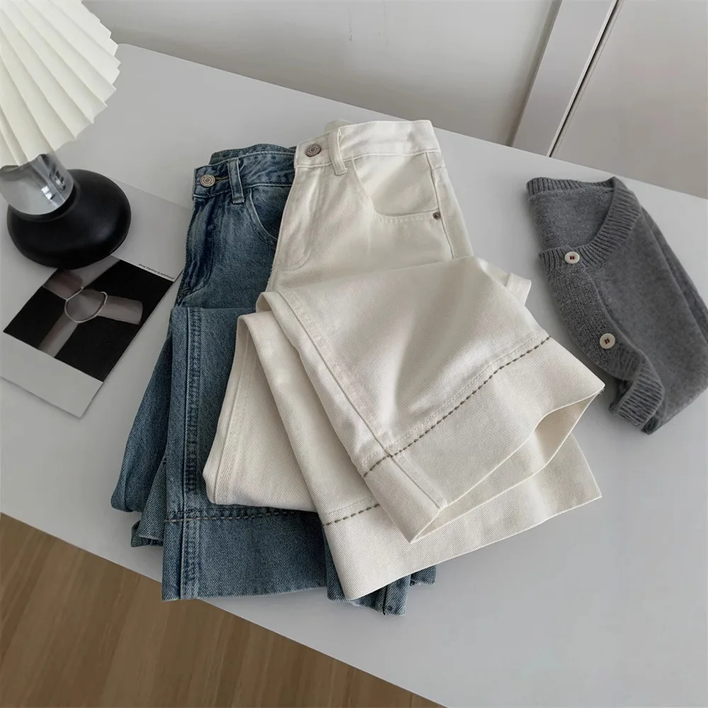 

High Waist Wide Leg Jeans For Women Washed Denim Straight Ankle-length Pants Spring Autumn Loose Casual Cropped Trousers