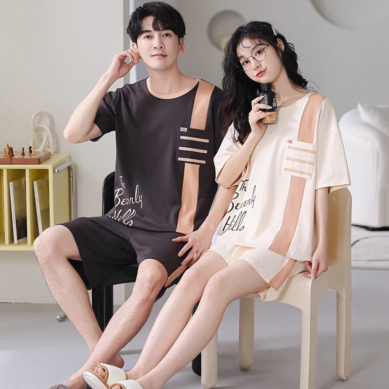 pyjama-coreen-en-coton-pour-couple-ensemble-leger-d'ete-a-manches-courtes-et-col-rond-vetements-de-maison-pour-hommes-et-femmes-imprime-dessin-anime-mignon