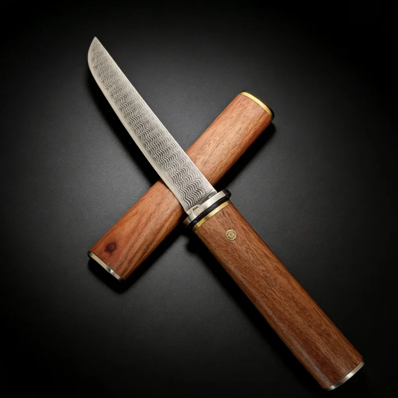 

Нож ручной работы из дамасской стали в японском стиле, с рукоятью из палисандра, с фиксированным лезвием, портативный коллекционный нож с деревянными ножнами
