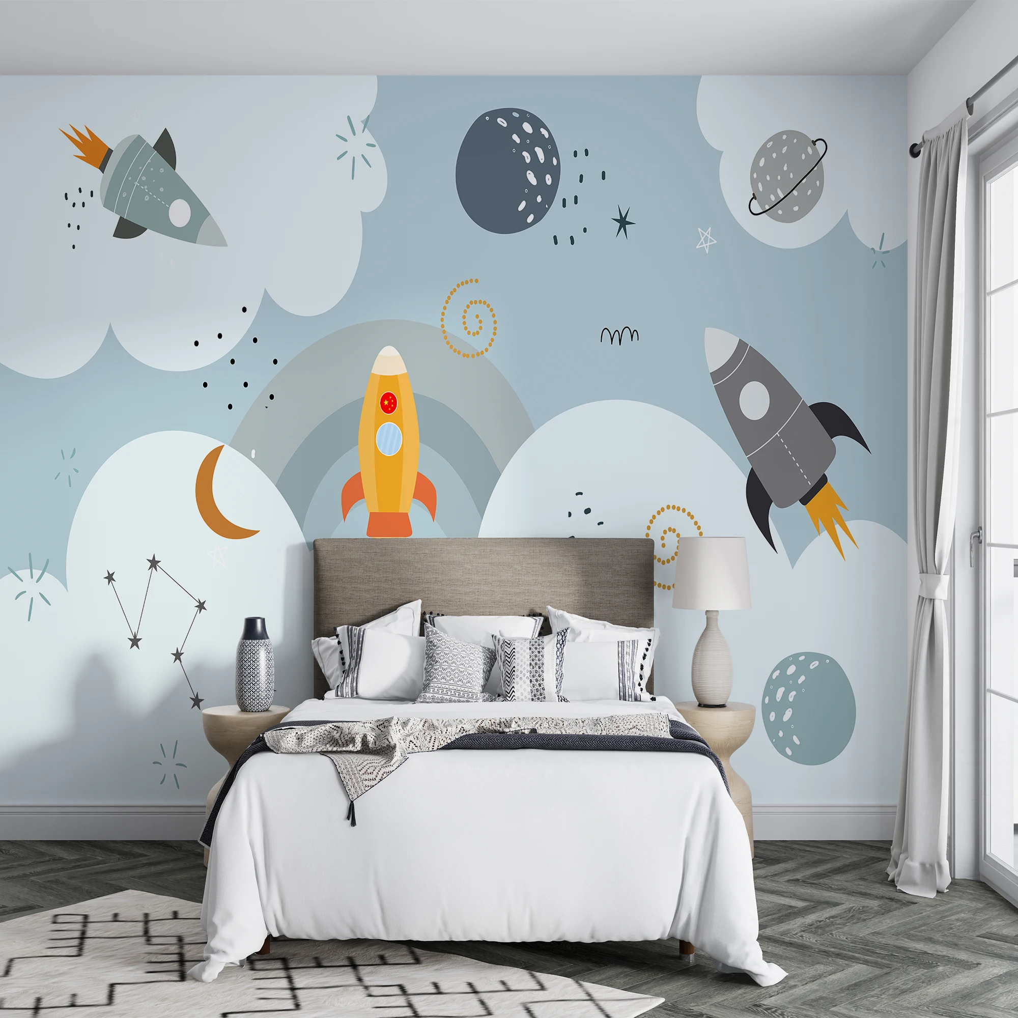 Customized 3D Wallpaper Cartoon Starry Sky Planet Spaceship