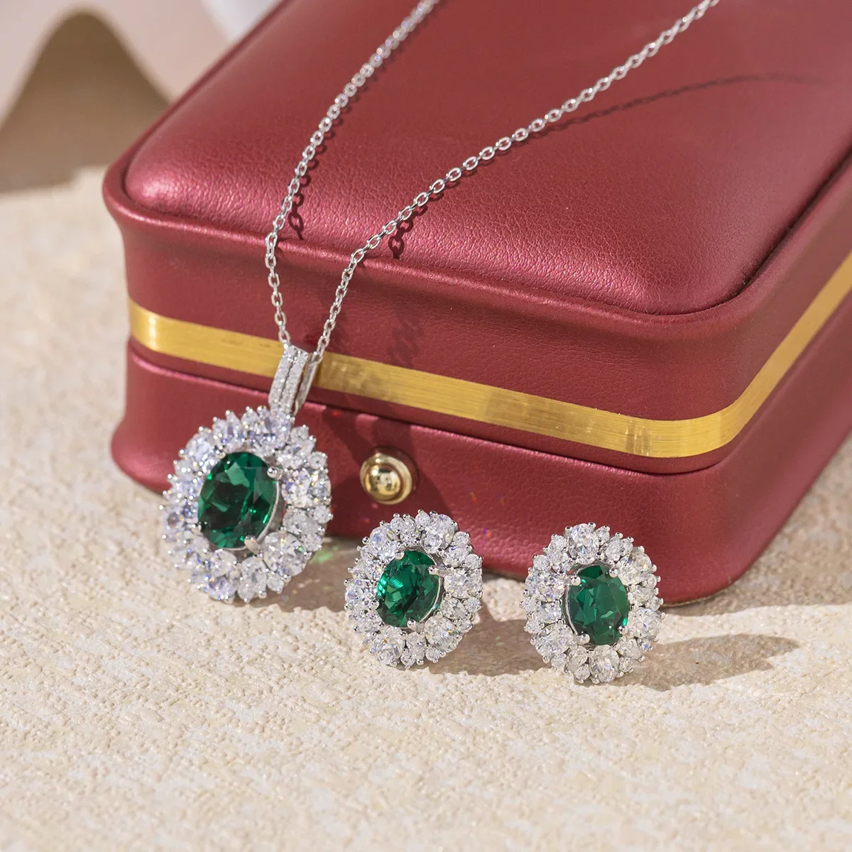 S925 Silver New High Jewelry Lab Cultured Emerald Set 3 Carat Egg Pendant Earrings