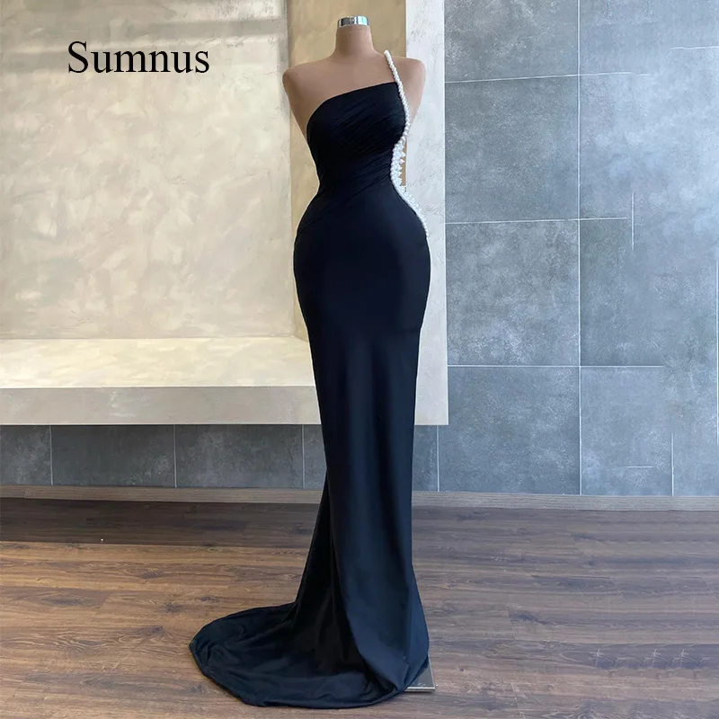 Vestido de fiesta de sirena negra sin tirantes, vestido de fiesta de un hombro con perlas y cuentas, vestido de noche elegante, Vestido largo de noche para mujer