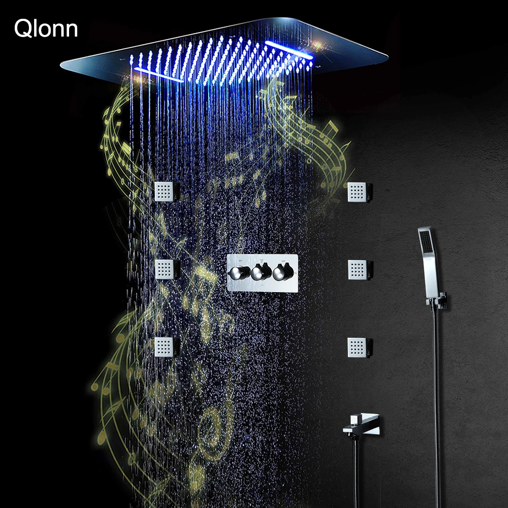 

Qlonn горячая и холодная 4-функциональная душевая система, набор смесителей для ванной комнаты, встроенная потолочная светодиодная музыка, 22,8*14,9 дюйма, насадка для душа с дождевой насадкой