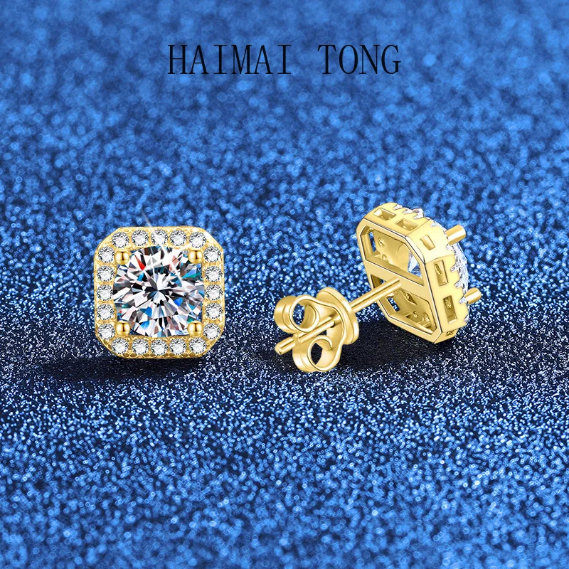 

HAIMAITONG PT950 Platinum Earrings Women's Moissanite Earrings, Seiko Deluxe Square Bag 1 Carat Moissanite Earrings