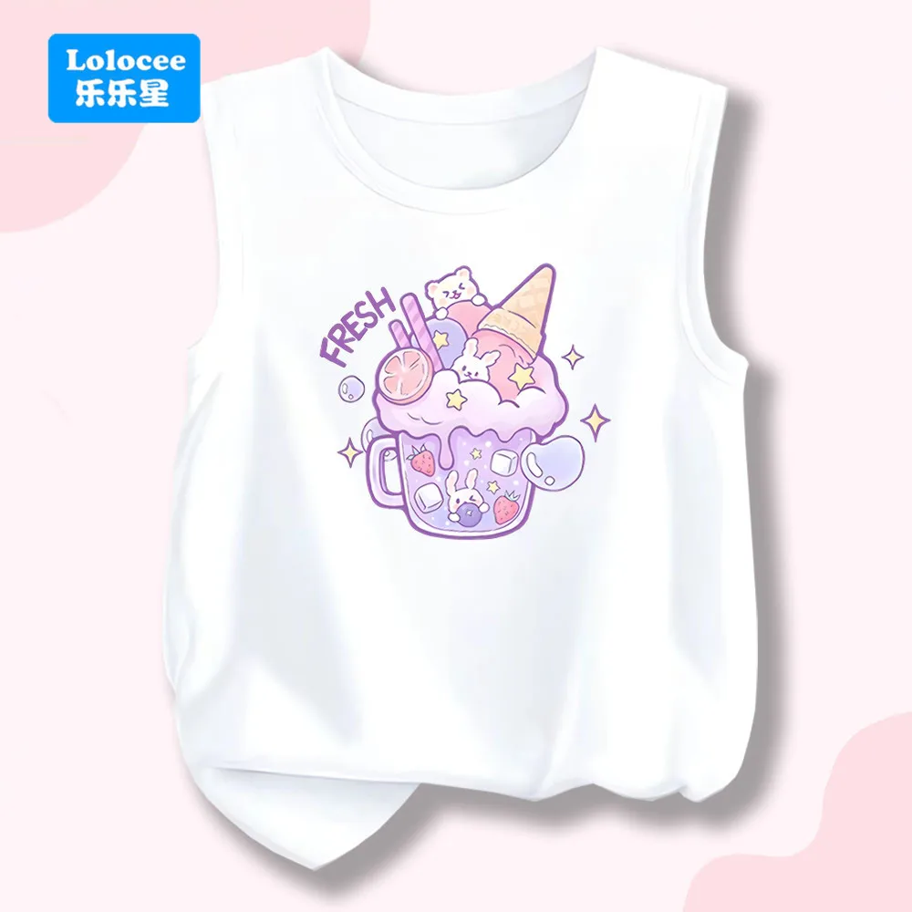Korean Version Baby Girl Summer New Drink and Ice Cream Print Tank Top Sleeveless T-shirt Cotton Vest Round Neck Singlet YLXX1