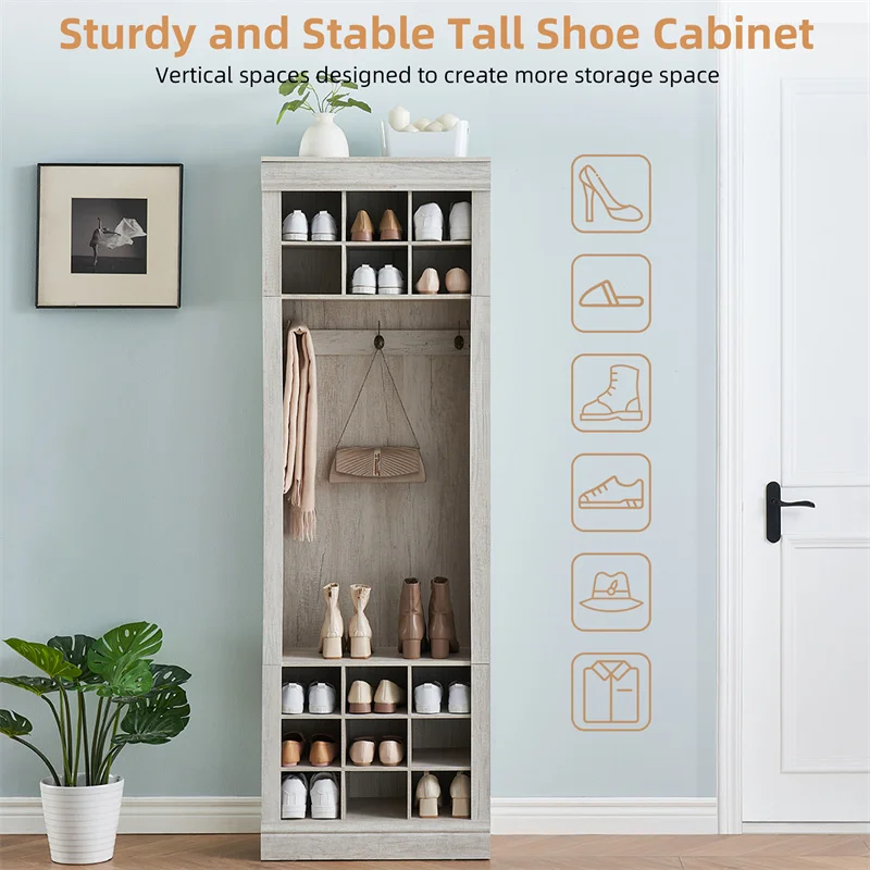 Coat Rack with Shoe Storage, Shoe Storage Cabinet with 15 Cubbies, Wooden Hall Tree with 5 Hooks, Shoe Organizer for Entryway