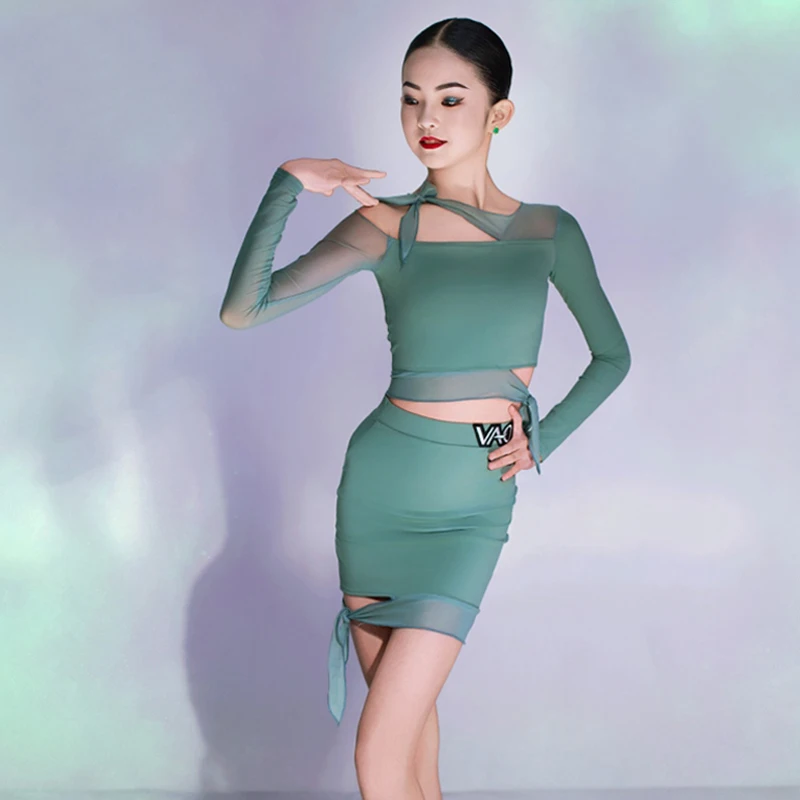 

2025 Latin Dance Wear Green Latin Dance Tops Skirt Children Rumba Samba Performance Clothes Girls Latin Training Clothes AMY1486