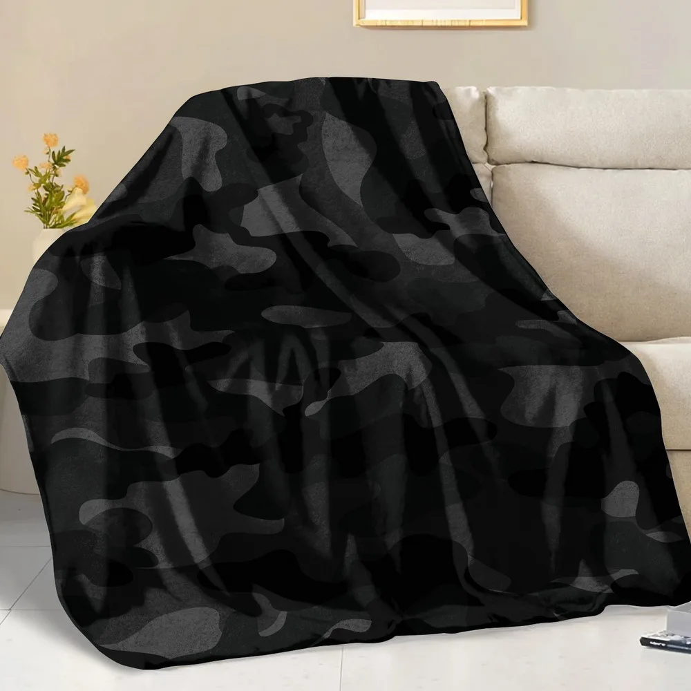 1pc Fluffy Throw Blanket - Black Camouflage Print on White, Ultra-Soft Flannel All-Season Warmth for Sofa, Bed, Camping & Travel