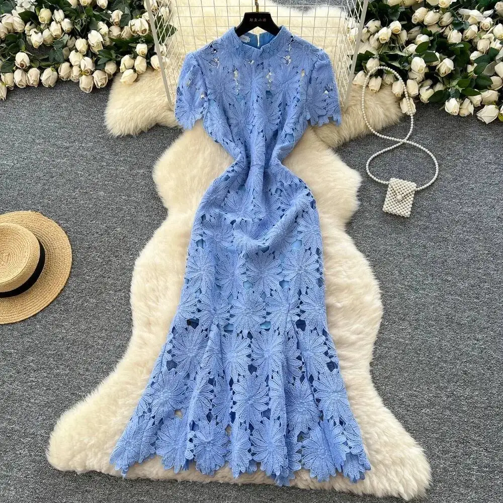 

Повседневное ажурное кружевное облегающее базовое длинное платье, французская уличная одежда, женская одежда, церемониальные платья