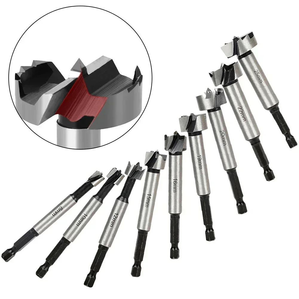 Forstner mata bor, 1 buah 8-25mm baja karbon tinggi bor Hex Shank multi-gigi bor sayap datar pemotong kayu alat pertukangan