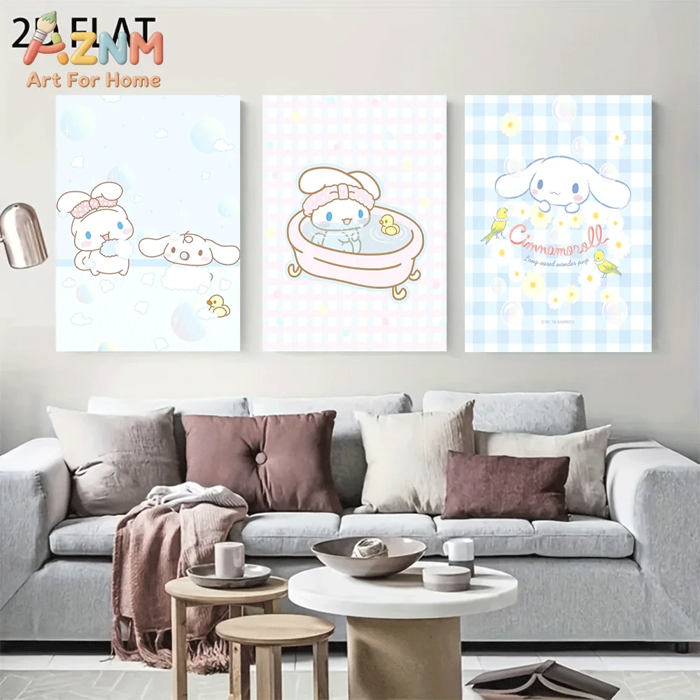 AZNM Cinnamoroll Canvas Wall Art Unframed Cute Cartoon Print Poster Bathing Duck Floral Plaid Bubble Pastel Blue Style Design fo