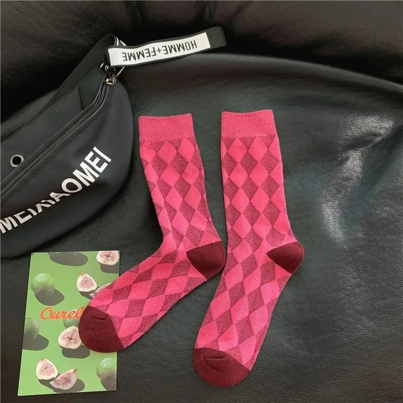 INS Trendy Double Needle Mid Calf Shoe Insoles Plaid Rhombus Stripe Color Block Stackable Foot Pads Rose Red Women Shoe