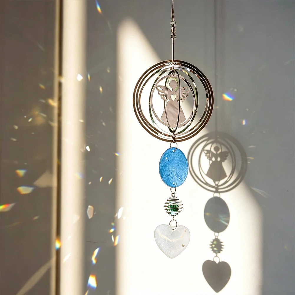 Engel-Metall-Windspinner mit Glaskugel, Naturmuschel und Herzanhänger für Fenster, Garten, Terrasse, Balkon, Hängedekoration, Heimdekoration, Gedenkgeschenk – Detail 4
