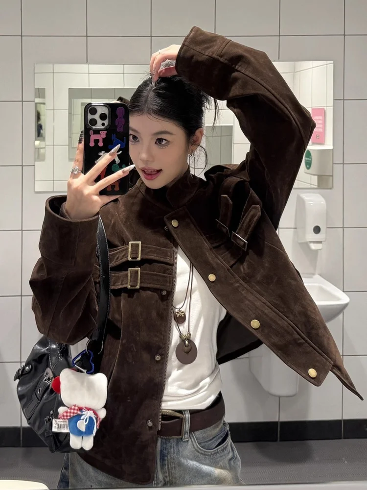 

Retro American Splicing Design Suede ort Jaet Women's Winter Ele Loose Coat Top Quali Fabric Straight Hem Button Cl...