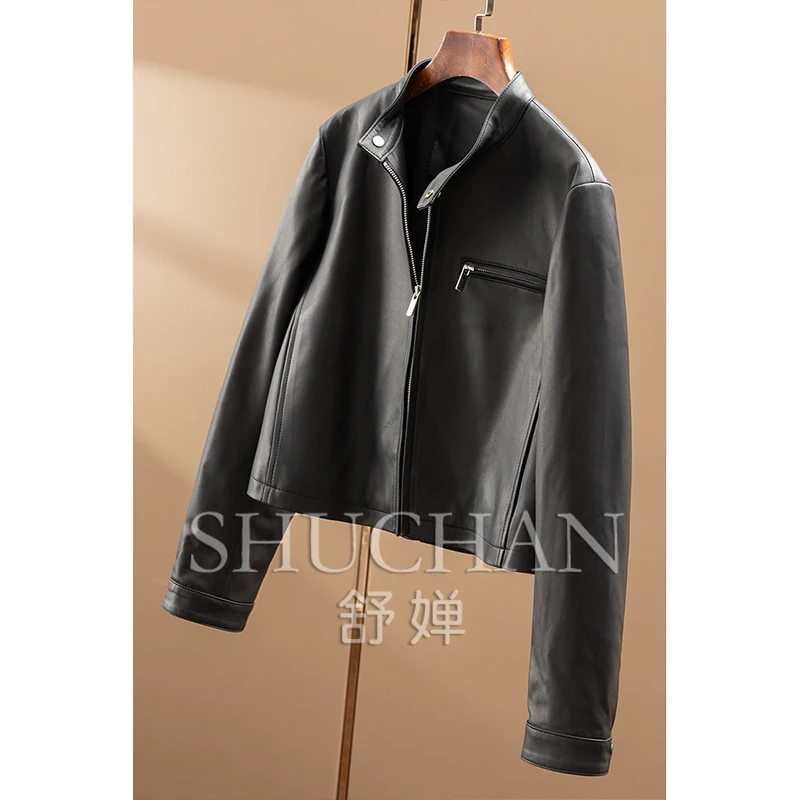 Locomotive Wind Cabinet Lightly Painted Sheepskin Stand-up Collar Jacket Leather Jacket Short Coat Women 14E4