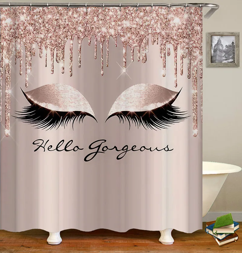 Hello Gorgeous Unicorn Eyelash Art Shower Curtain, Pink Glitter Drips Background, Bathtub Showers Washable Fabric with 12 Hooks