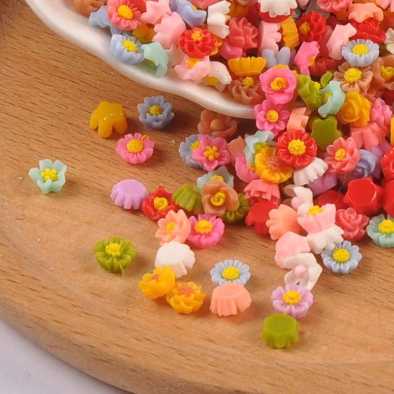 100PCs 6mm Mixed Mini Flatback Resin Flower Cabochons Embellishments Scrapbooking Craft DIY Nail Decoration