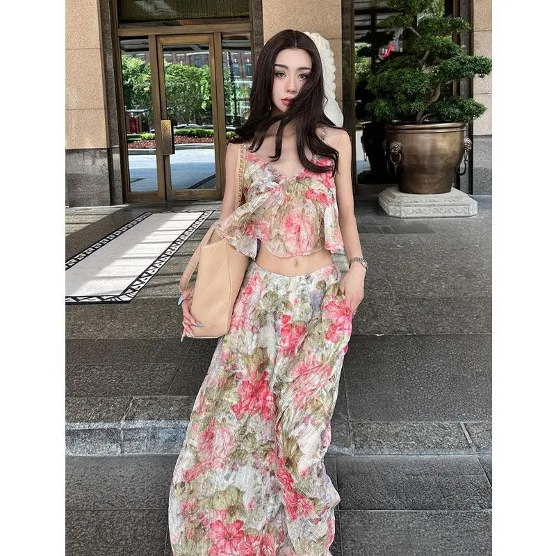 

Two Piece Sets Womens Outifits Fashionable Summer New High-end Temperature Niche Designed Floral Suspender Top + Wide-leg Pants